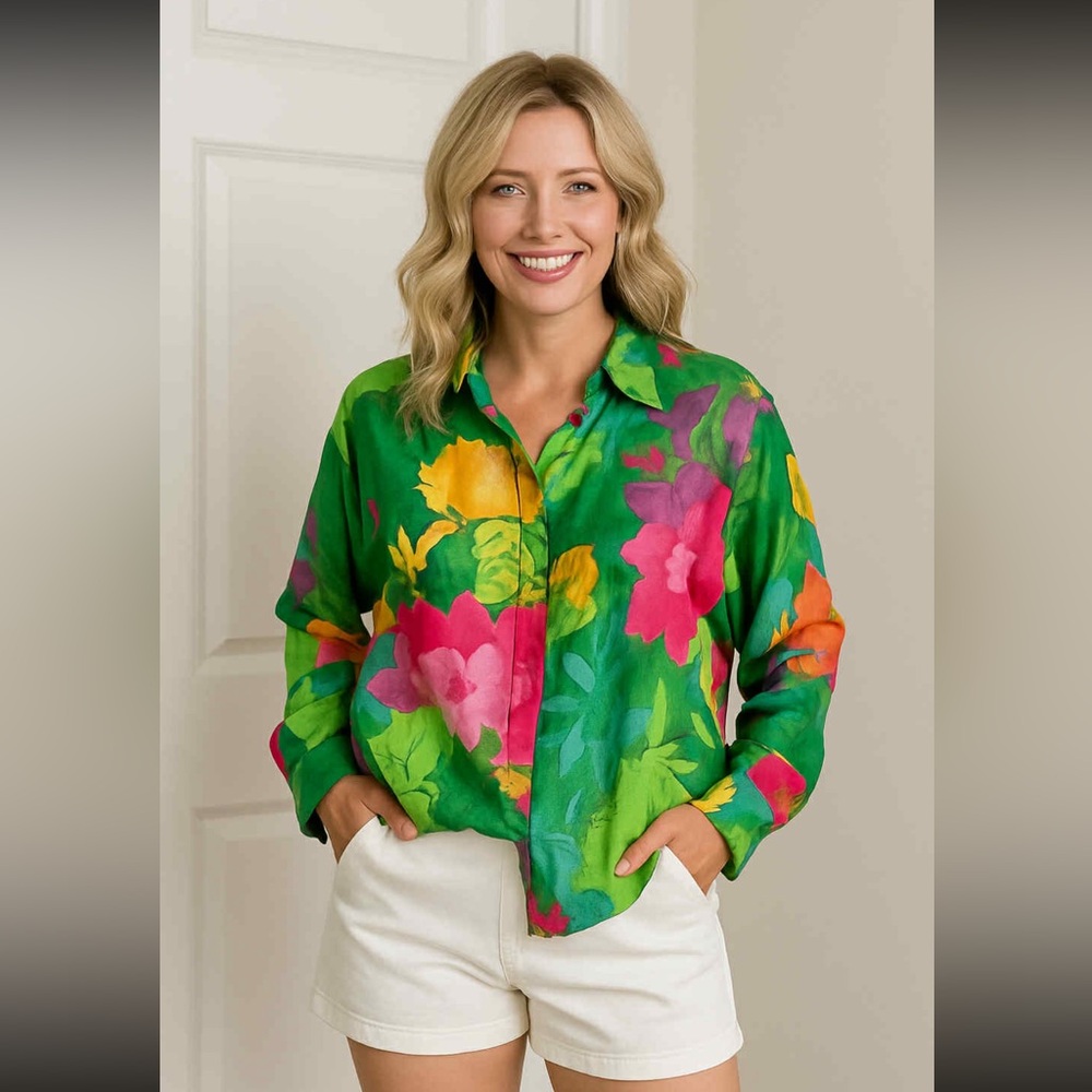 Green and Pink Lightweight Floral OS Blouse
